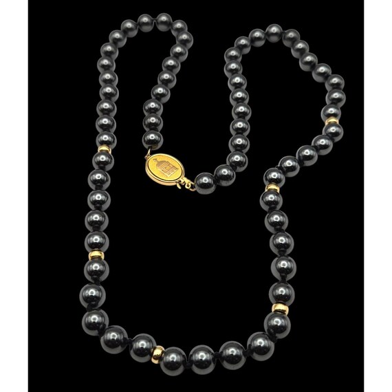 Vtg Jostens Sterling Hematite Beaded Necklace W/ Gold-Tone Accents & Signed Clasp 1/4" Round Beads 24 "
