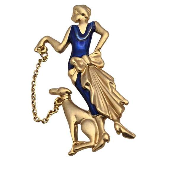 Art Deco Style Gold & Blue Enamel Woman With Dog Brooch Pin