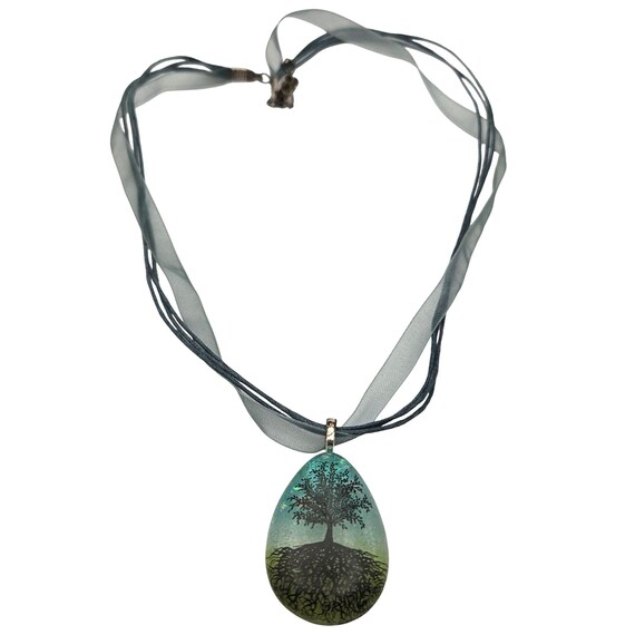 Vtg Tree Of Life Art Glass Pendant Necklace On Multi-Strand Cord & Ribbon Adjustable Chain