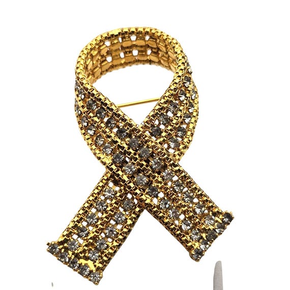Vintage Gold Tone Rhinestone Ribbon Brooch Pin