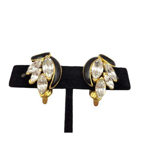 Vintage Gold-Tone Clip-On Earrings With Black Enamel & Clear Rhinestones