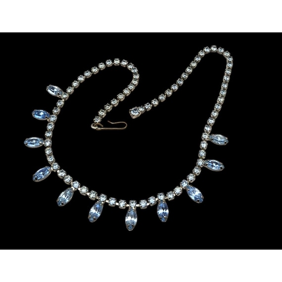 Vintage 15 1/2 Inch Blue Rhinestone Bib Necklace With Blue Marquise Pendants