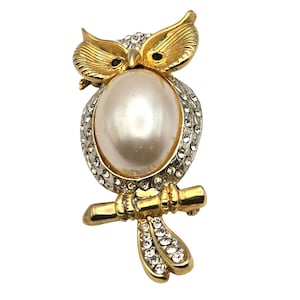 Vintage Gold-Tone Owl Brooch With Faux Pearl & Rhinestones 2 1/4 &quot; X 1 &quot;