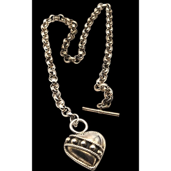 Vtg Sterling Silver Chain Necklace W/ Puffy Heart Pendant Toggle Clasp Marked Mexico 925 Approx. 41.32 Grams