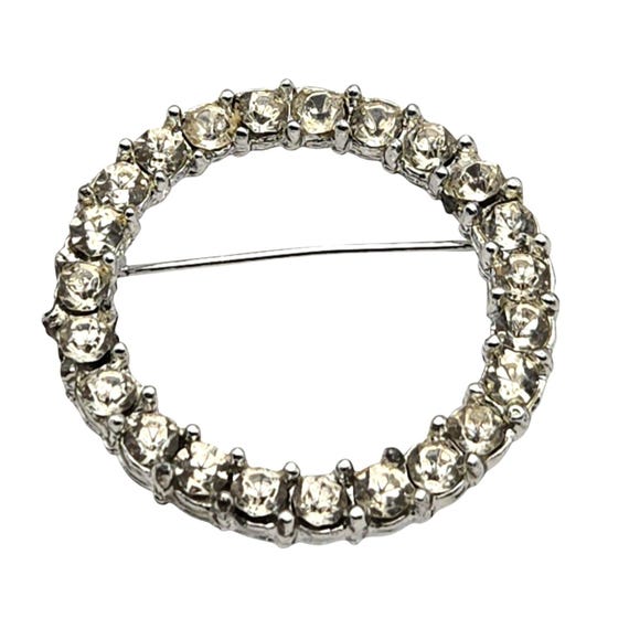 Vintage Silver-Plated Rhinestone Circle Brooch Pin 1 1/2 " X 1 1/2 "