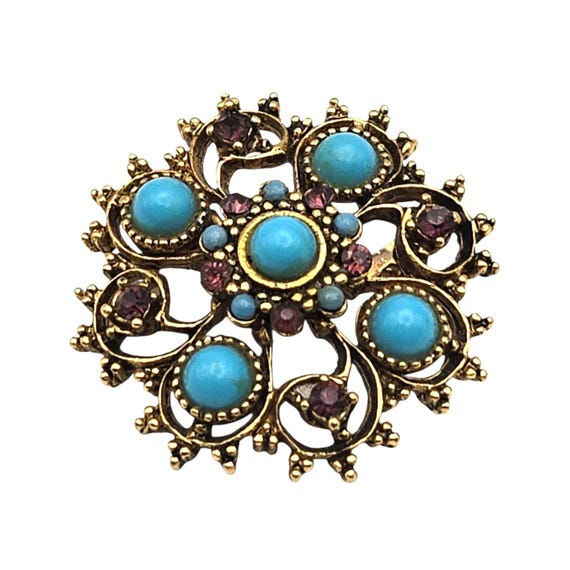 Vtg Gold Tone Faux Turquoise & Rhinestone Floral Brooch / Pin 1 1/4" Across With 1/4" Dome Rise
