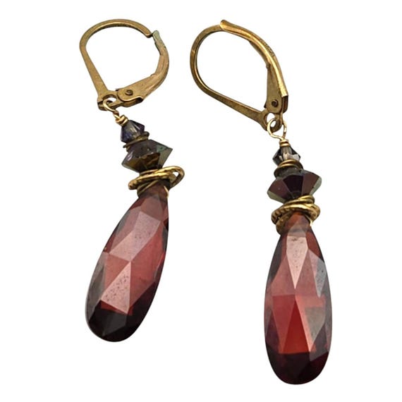 Gold-Plated Dangle Earrings With Faceted Red & Purple Glass Beads 1 3/4 " X 1/4 "