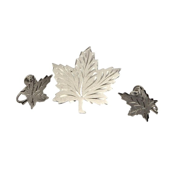 Sterling Silver Maple Leaf Brooch & Earrings Set - Souvenir Of Canada
