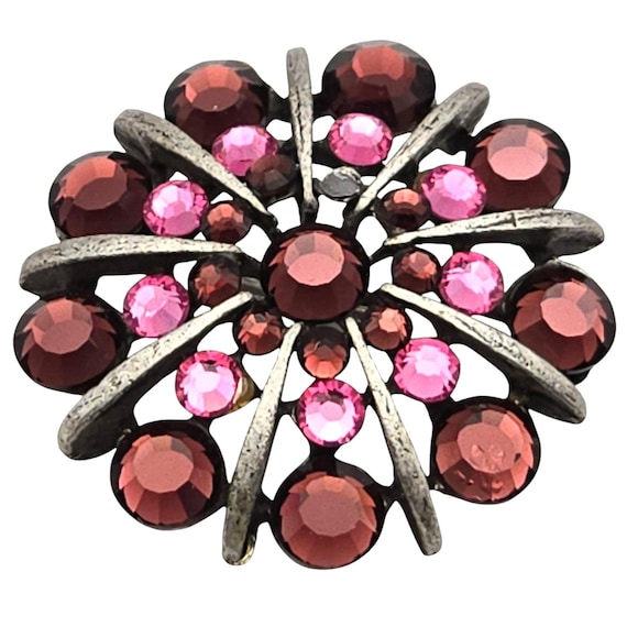 Vintage Rhinestone Pin Brooch With Red & Pink Crystals On Silver-Tone Metal 1 3/8 " X 1 3/8 "