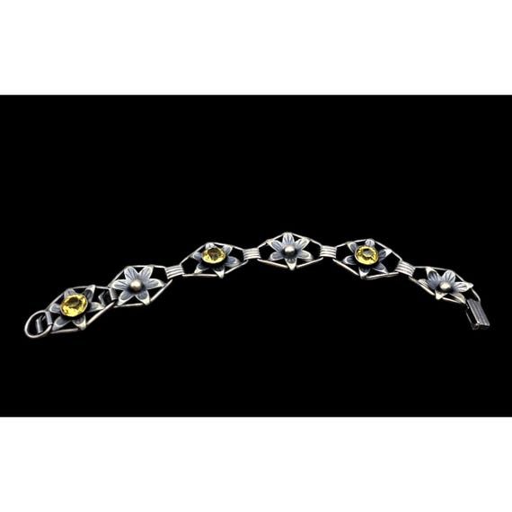 Vintage Sterling Silver & Yellow Rhinestone Floral Link Bracelet