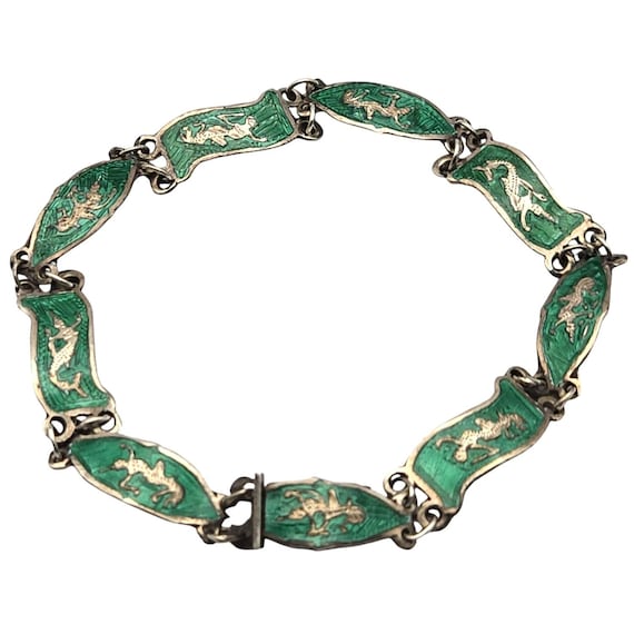 Vtg Siam Sterling Silver Bracelet W/ Green Enamel Accents Linked Panels W/ Dancer Motif 7" Length Timeless Vintage Accessory