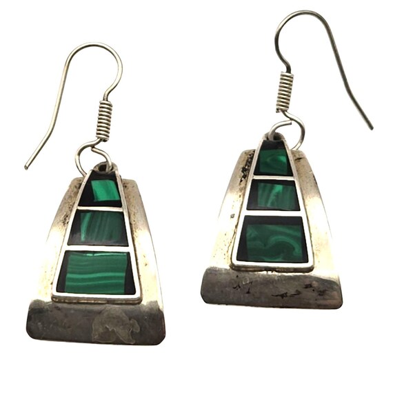 Vintage Sterling Silver Malachite Inlaid Dangle Earrings Made In Mexico