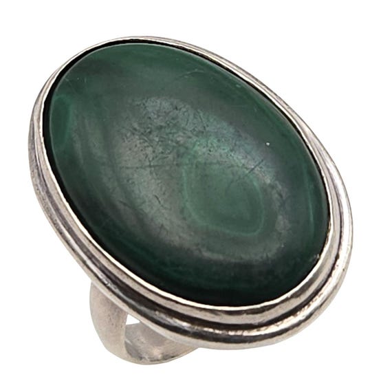 Vintage Sterling Silver Malachite Cabochon Ring Handcrafted Oval Design Size 9
