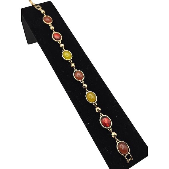 Vtg Liz Claiborne Glass Cabochon Bracelet Signed LC 7.5" Gold-Tone With Red & Yellow Ovals