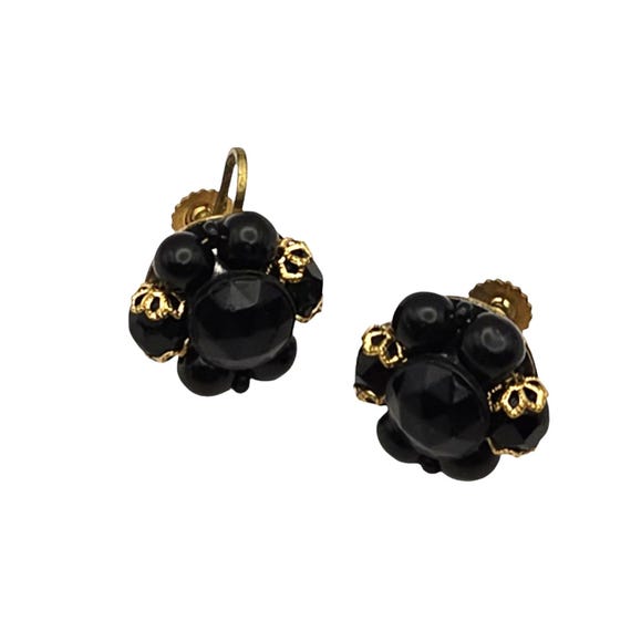 Vintage Germany Black Bead Gold-Tone Screw Back Earrings