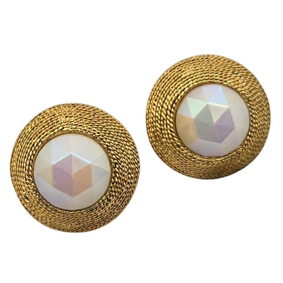 Trifari Vintage Gold Tone Button Clip-On Earrings With Faux MOP Cream AB Faceted Centers