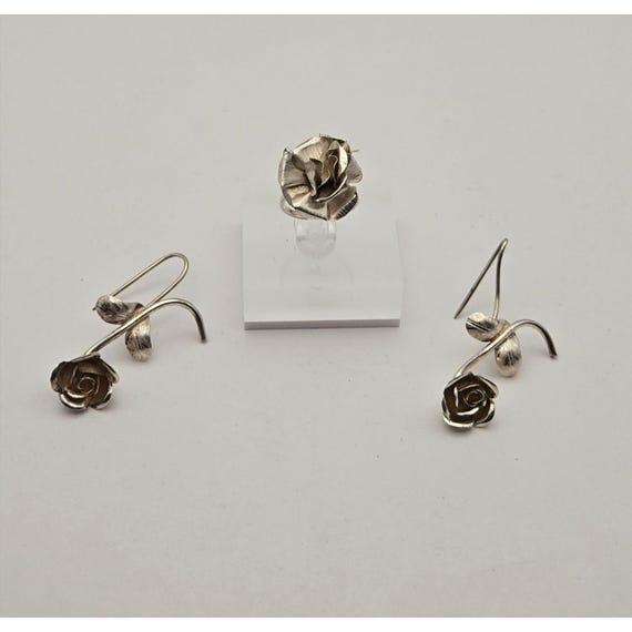 Coro Rose Sterling Silver Jewelry Set: Earrings & Ring Handmade