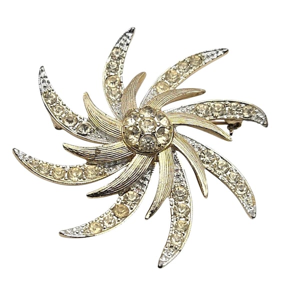 Vintage Sarah Coventry "Evening Comet" Brooch Pin Brushed Gold-Tone Metal With Rhinestone Accents Starburst Design For Statement Jewelry Lov