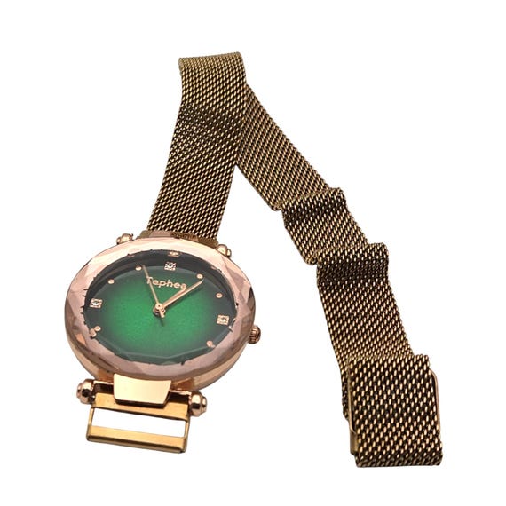 Vintage Tephea Ladies Wristwatch Green Dial Beveled Crystal Mesh Band Magnetic Closure Stainless Steel Back Made In China