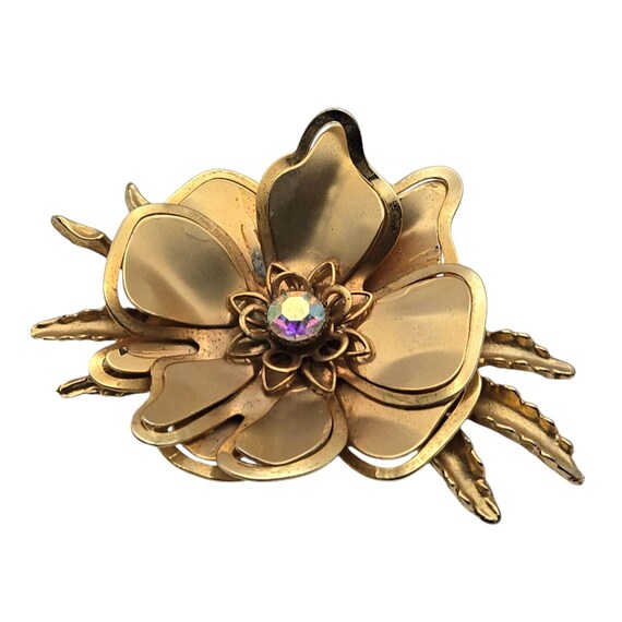 Vintage Gold-Tone Flower Brooch Pin With AB Rhinestone Center