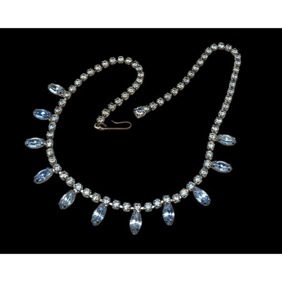 Vintage Silver Rhinestone Necklace With Blue Teardrop Pendants 16 Inch