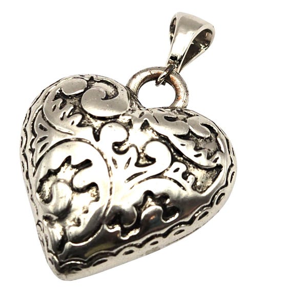Vintage Silver Plated Puffy Heart Pendant With Intricate Design 1 1/2 " x 3/4 "