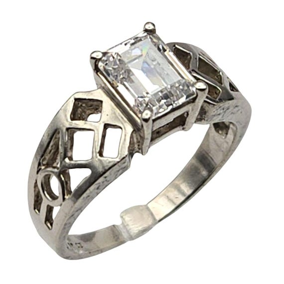 Vtg Sterling Silver Emerald Cut CZ Cocktail Ring Size 9 Elegant Openwork Design