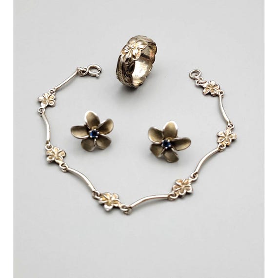 Vintage Plumeria Sterling Silver Floral Jewelry Set With Blue Stones – Bracelet Earrings & Ring