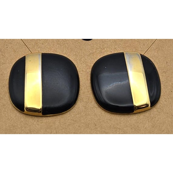 Monet Vintage Black Enamel Stud Earrings With Gold-Tone Accents 1 " x 7/8 "