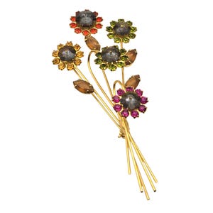 Vintage Gold Tone Floral Bouquet Brooch With Multicolor Rhinestones & Leaf Accents