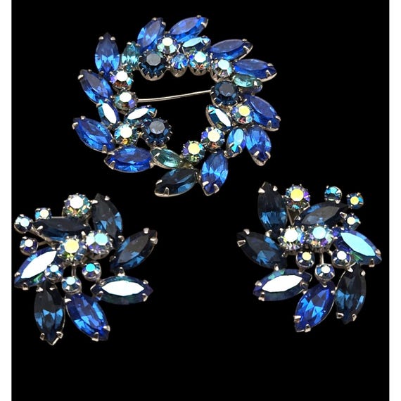 Vintage Weiss AB Rhinestone Brooch & Earring Set Blue Crystal 1930s Beautiful