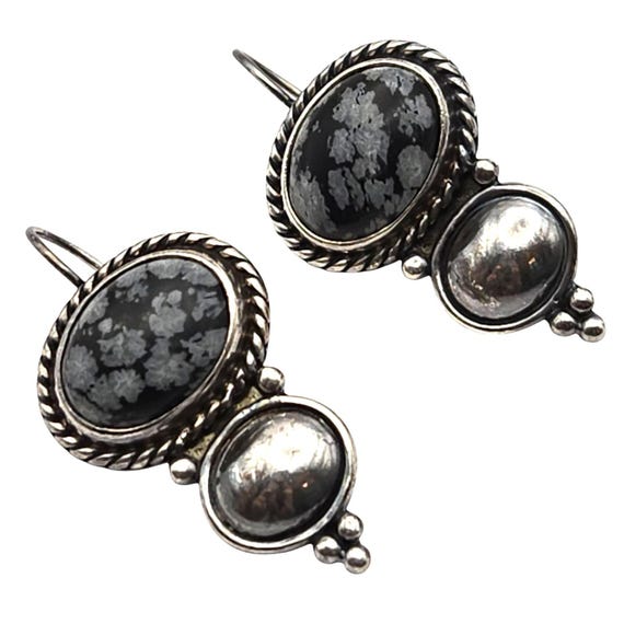 Vtg Sterling Silver Native American Snowflake Obsidian Drop Earrings 1.5" Long Artist Signed Dangle Jewelry