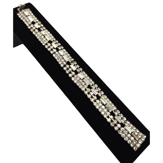 Vintage Art Deco Rhinestone Bracelet With Round & Baguette Stones 7" x 5/8" Sparkling Statement Piece For Elegant Occasions