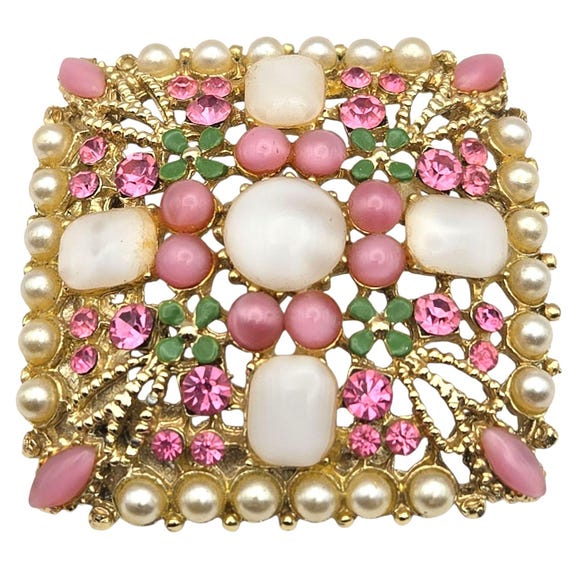 Vtg Gold Tone Brooch W/ Faux Pearl Pink Rhinestones Green Enamel 2"x2" Square Domed Accent Pin Jewelry