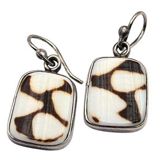 Vintage Sterling Silver Dangle Earrings W/ Agate Bezel Set Stones 1 1/8" Drop 1/2" Stone