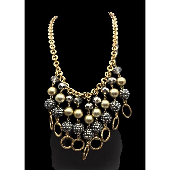 Vintage Erica Lyons Gold Tone Beaded Chain Bib Necklace With Black & Gold Beads 21 "
