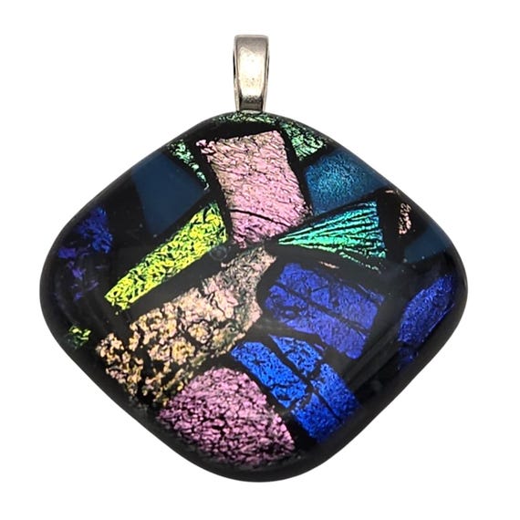Vintage Dichroic Glass Pendant Necklace With Multicolor Geometric Pattern & Silver Tone Bail 1 3/4 "