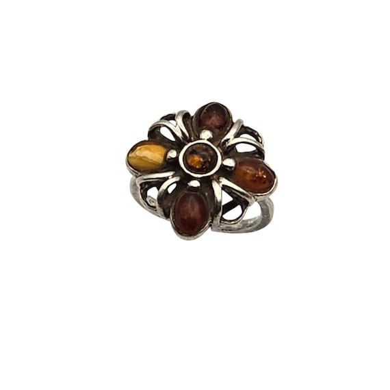 Vintage Sterling Silver Flower Ring With Baltic Amber Stones 5 3/4