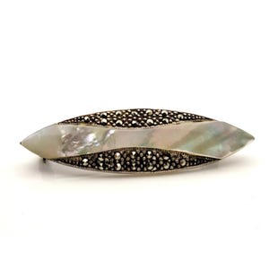 Vintage Sterling Silver 925 Brooch With Mother Of Pearl & Marcasite Accents