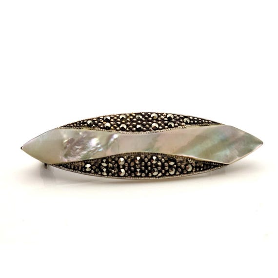 Vintage Sterling Silver 925 Brooch With Mother Of Pearl & Marcasite Accents