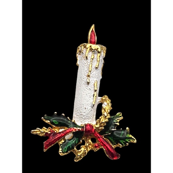 Vintage Christmas Candle Brooch Pin Gold Tone Enamel Holly Leaves & Ribbon Design