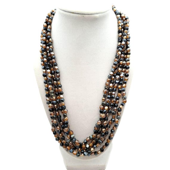 Handmade Multi-Strand Faceted Bead Necklace Bronze & Black 18" Length