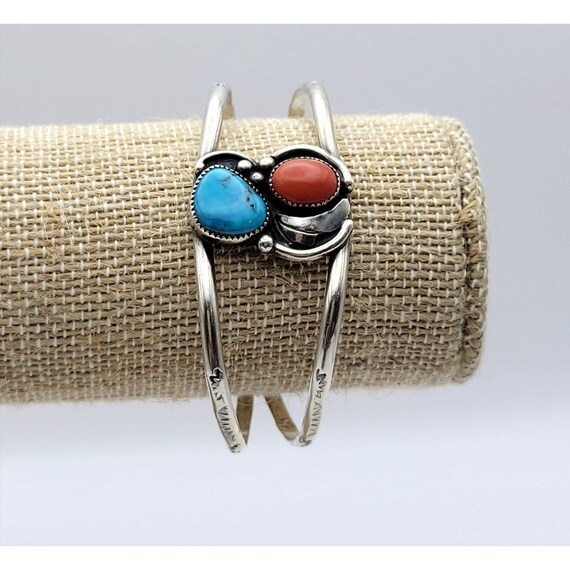 Native American Sterling Silver Cuff Bracelet With Turquoise & Coral Gemstones Signed VC