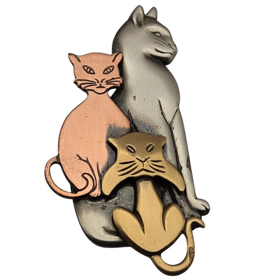 Vtg Mixed Metal Cat Brooch Pin Signed K & T Gold Copper Silver Tone Unique Design 2 3/4 " x 1 1/4 "