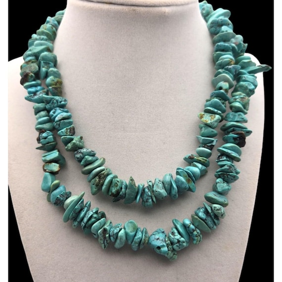 Natural Turquoise Nugget Necklace 32" Handcrafted Boho Style