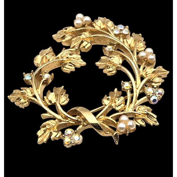 Vintage Gold Tone Birds Nest Brooch Pin With AB Rhinestone & Seed Pearl Accents 2 " x 2 1/4 "