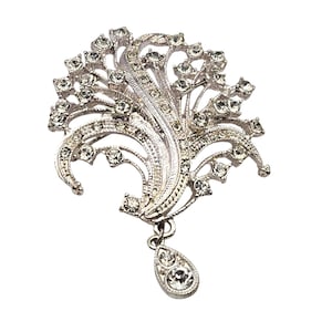 Vintage Silver Plated Rhinestone Crystal Brooch With Dangle Pendant 2&quot; X 2&quot;