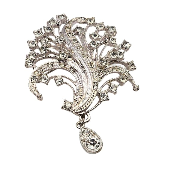 Vintage Silver Plated Rhinestone Crystal Brooch With Dangle Pendant 2" X 2"