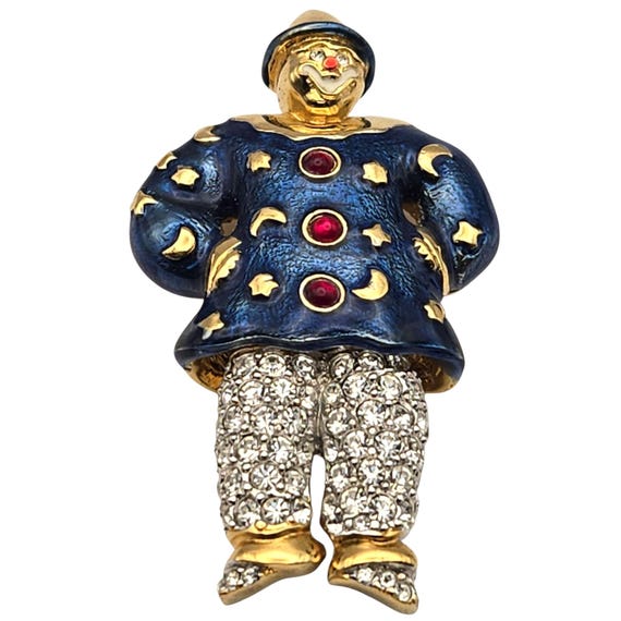 Vintage Whimsical Clown Brooch Gold Plated Enamel Rhinestone Accents Jointed Body 2"x1 1/4"