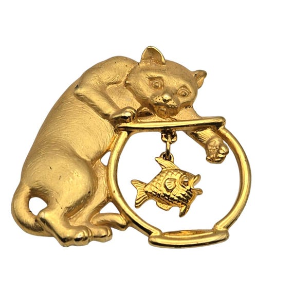 Vintage JJ Jonette Gold-Tone Cat & Fish Bowl Brooch Pin